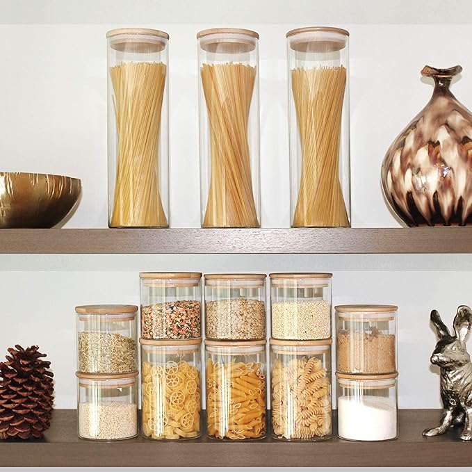 1400ml, 750ml Transparent Glass Food Storage Tank, Storage Sealed Tank, 6-Piece Food Container Set, with Sealed Bamboo Lid, Suitable for Pasta, Biscuits, Nuts, Coffee Beans, Cereals, Etc. It Is Ideal for Kitchen and Food Storage Rooms Bpa Not Included